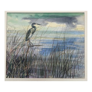 1970’s Original Impressionist Heron at the Beach Watercolor Painting For Sale