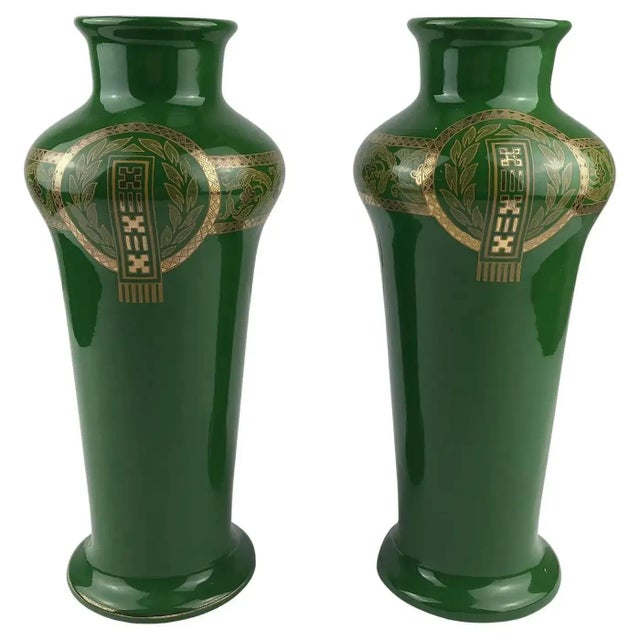 De Sarreguemines Sarreguemines Green and Gold Art Deco Porcelain Vases, France, 1940s For Sale - Image 4 of 8