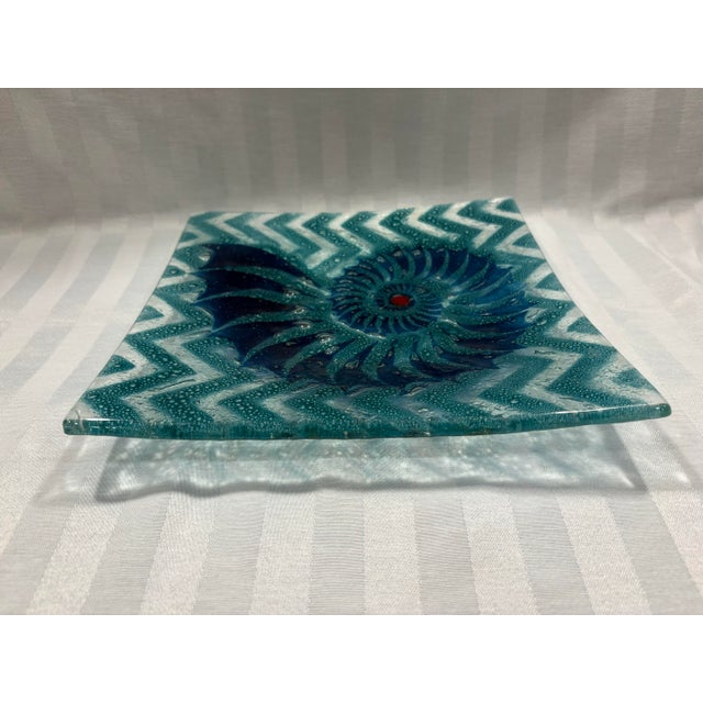 Nautical Late 20th Century Fused Art Glass Decorative Square Bowl With Nautilus Motif For Sale - Image 3 of 8