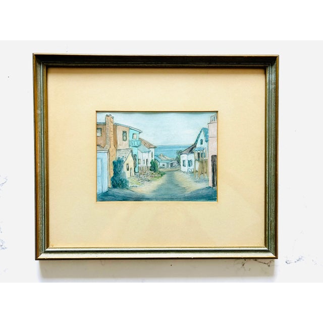 Impressionist Vintage 1954 “Alley Charm” Original Oil Pastel by Flo | Laguna Beach California Coastal Painting | Mid-Century Ocean View Artwork For Sale - Image 3 of 8