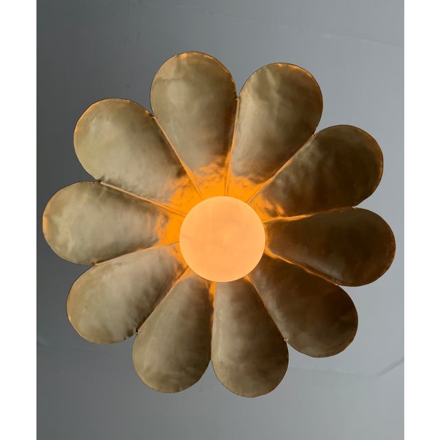 Metal Pure Brass Handmade Pendant Light, Brushed Brass Flower Chandelier, Milk Glass Globe Pendant Lamp, Floral Lighting Fixture For Sale - Image 7 of 9