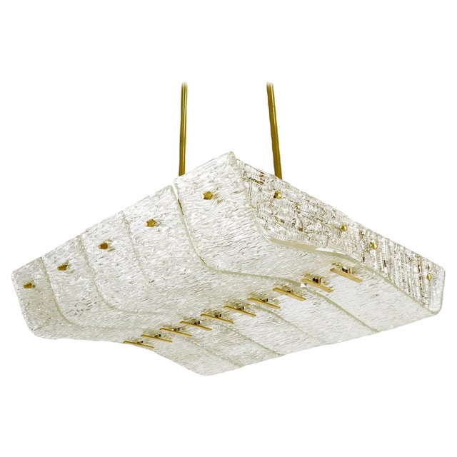 Large Austrian Chandelier in Brass and Textured Glass by J. T. Kalmar for Kalmar, 1950s For Sale