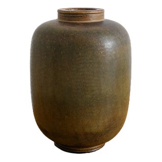 Mid-Century Swedish Brown Green Stoneware Farsta Vase Urn by Wilhelm Kåge for Gustavsberg, Sweden, 1940s For Sale