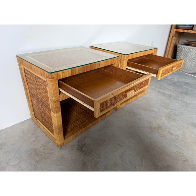 Vintage Coastal Palm Beach Rattan & Woven Cane Nightstands With Glass Tops — A Pair For Sale - Image 4 of 12