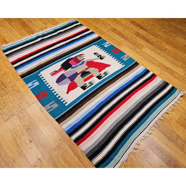 Teal Vintage Southwestern Pictorial Kilim Rug, Handwoven Aztec Design, Blue & Ivory, 4x8 For Sale - Image 8 of 8