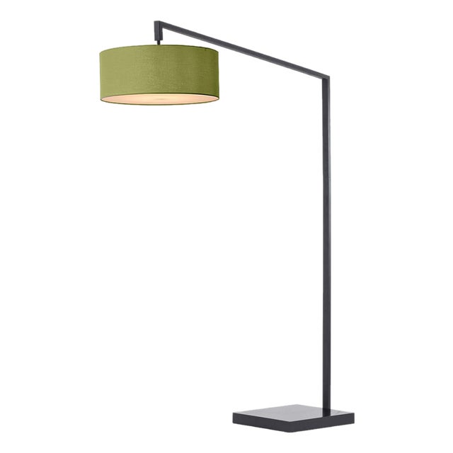 Stretch 75"h 1-Light Chairside Arc Lamp, Avocado Linen Shade, Black Body, Dimmable, for Living Room or Bedroom For Sale