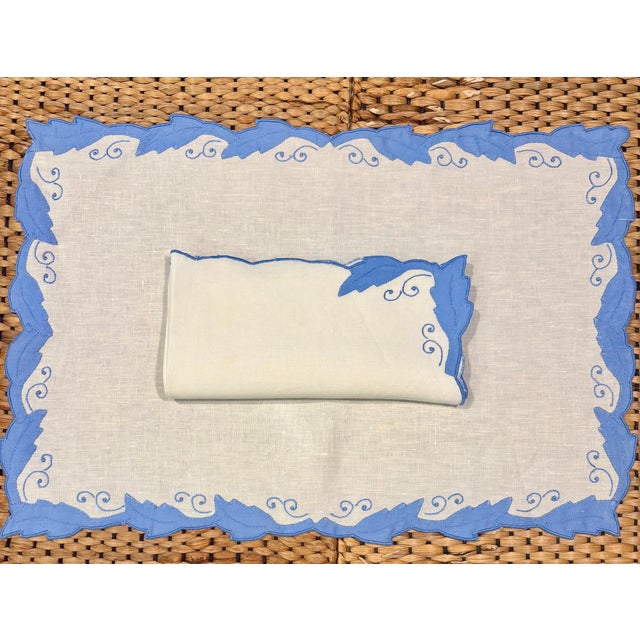 Vintage Cornflower Blue Embroidered French Linen Placemat and Dinner Napkin Set- 8 Pieces For Sale - Image 10 of 10