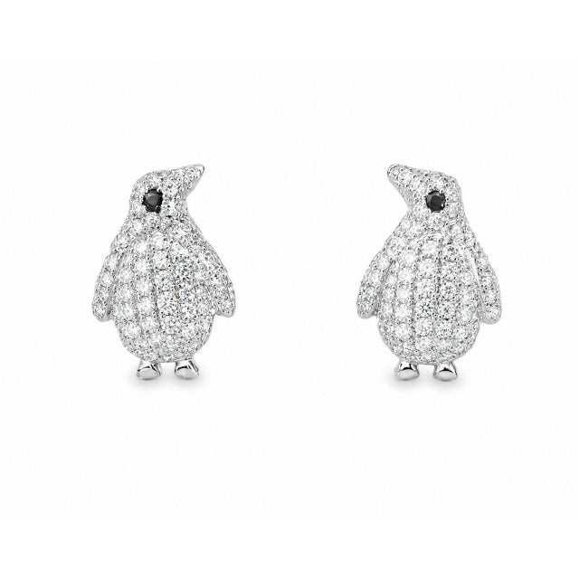 Mid 20th Century 14k White Gold Diamond Penguin Earrings Estate, Pair For Sale - Image 4 of 4
