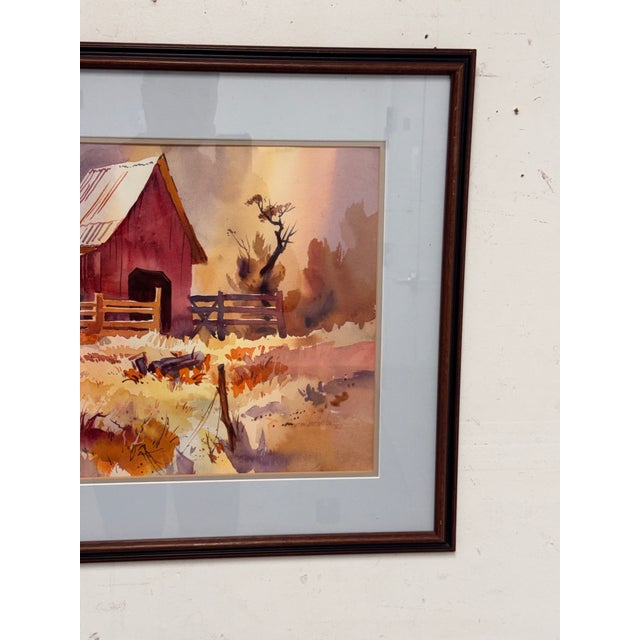 Paint Naomi Brotherton Red Barn Framed Watercolor, Circa 1992 For Sale - Image 7 of 11