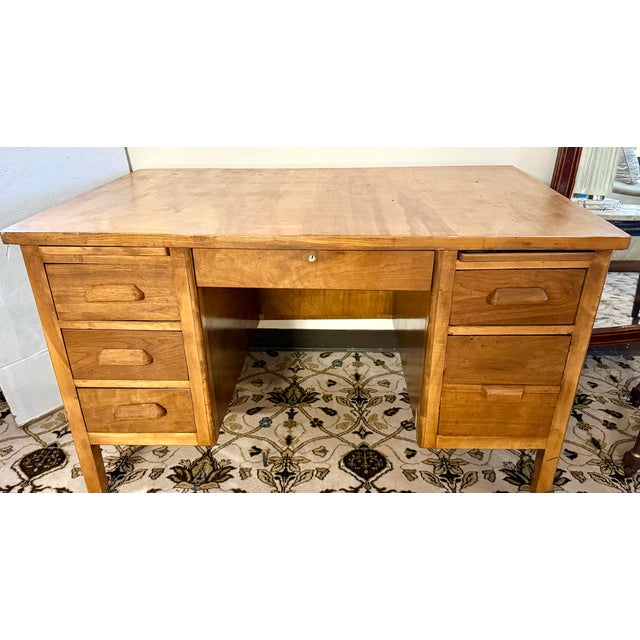 Vintage Solid Oak Pedestal Desk With Drawers For Sale - Image 10 of 11