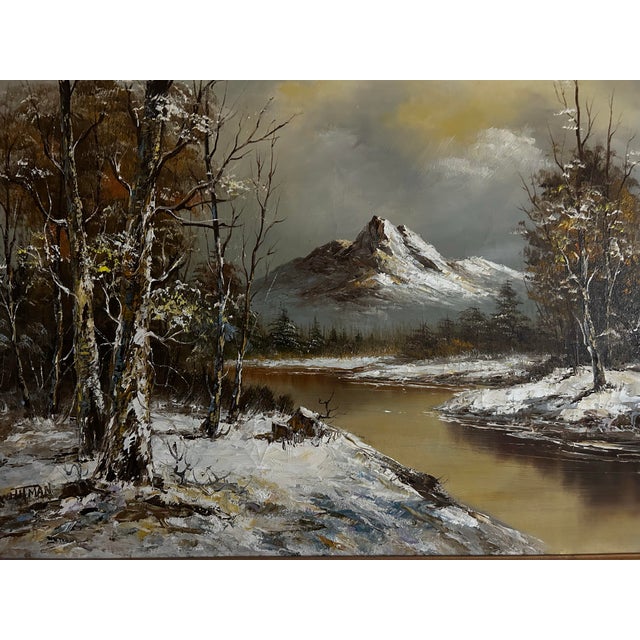 Paint Vintage Mid Century Original Large Landscape Oil Painting of Snowy Mountains in Black & Gold Frame For Sale - Image 7 of 8