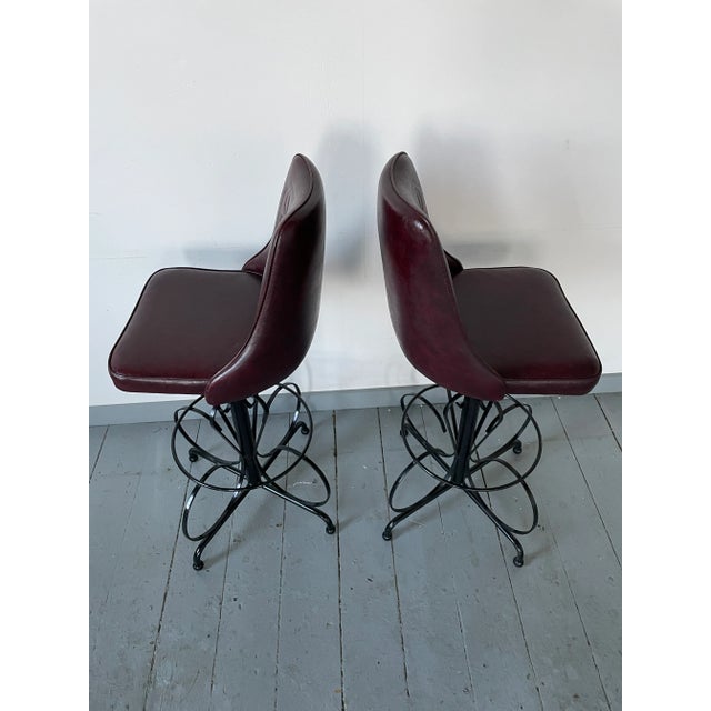 Metal 1960s Spanish Revival Barstools Cushy Brown Bucket Chairs With an Iron Scrolled Base - Set of 2 For Sale - Image 7 of 13
