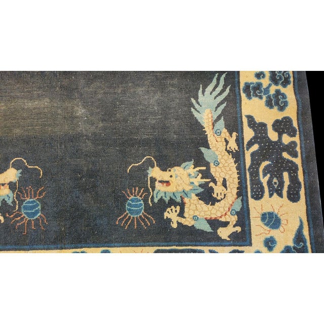 Textile 1890s Navy Blue Dragon Medallion Antique Chinese Ningxia Carpet Wool Knotted Rug For Sale - Image 7 of 8