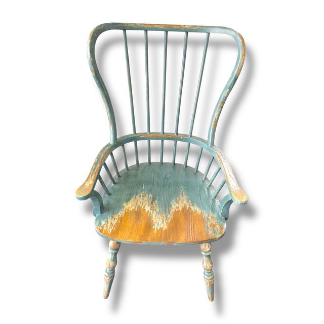 Set of 2 Hooker Furniture Windsor-style armchairs featuring a beautifully distressed blue-green finish with warm natural...