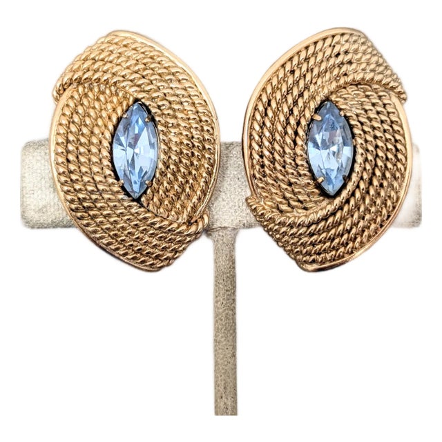 Vintage 1950s Signed Napier Goldtone Faux-Aquamarine Clip Earrings-2 Pieces For Sale