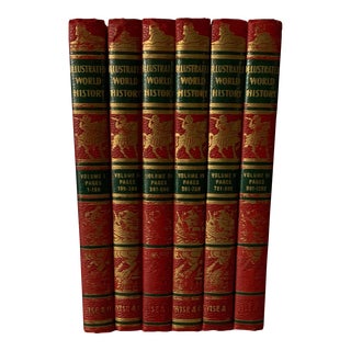1940 Leather Bound Books Red "Illustrated World History" - Set of 6 For Sale