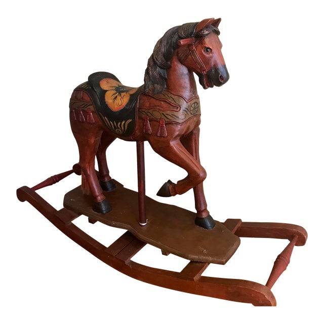 Carousel Rocking Horse Late 19th Century Hand Painted Carved Wood For Sale