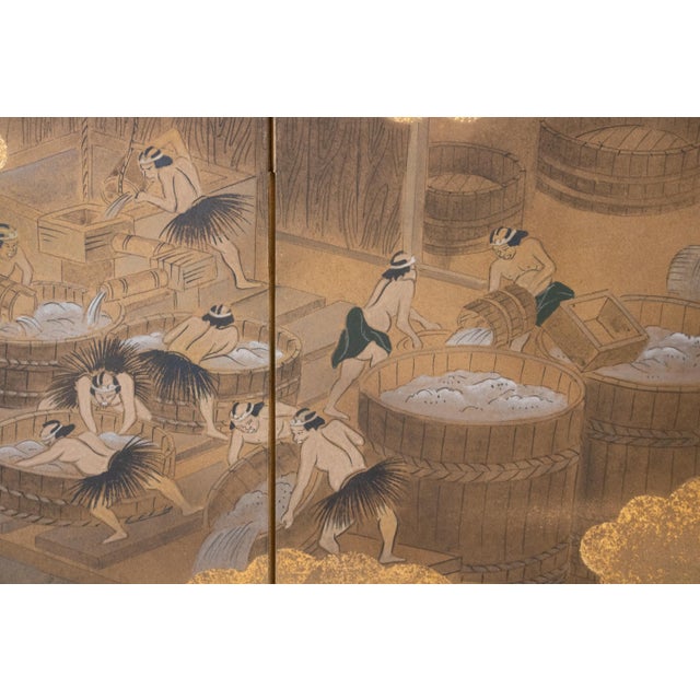 1990s "Sake Brewery", Heisei Era Japanese Yamato-E Byobu Screen For Sale - Image 5 of 18