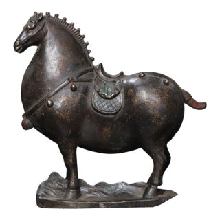 Vintage Gilt Bronze Tang-Style Horse Figure – Scholar's Desk Ornament For Sale