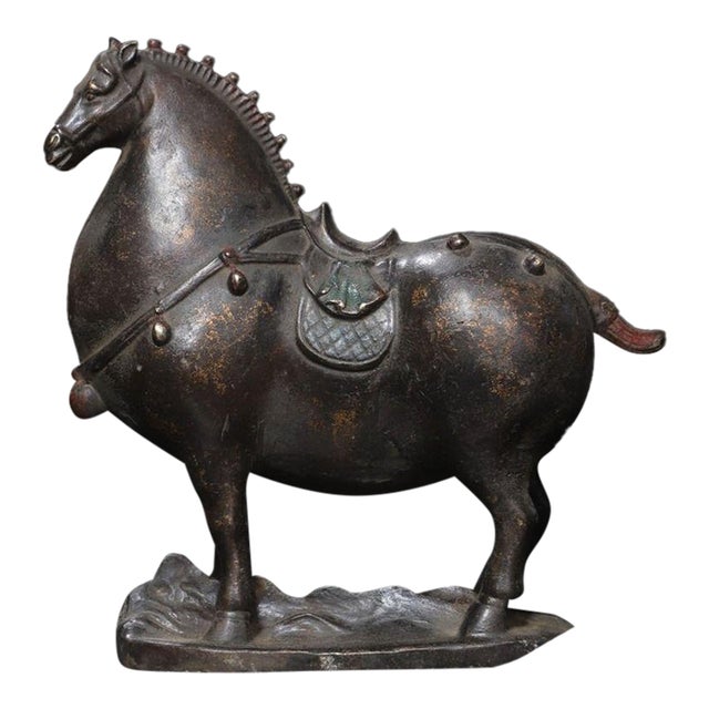 Vintage Gilt Bronze Tang-Style Horse Figure – Scholar's Desk Ornament For Sale