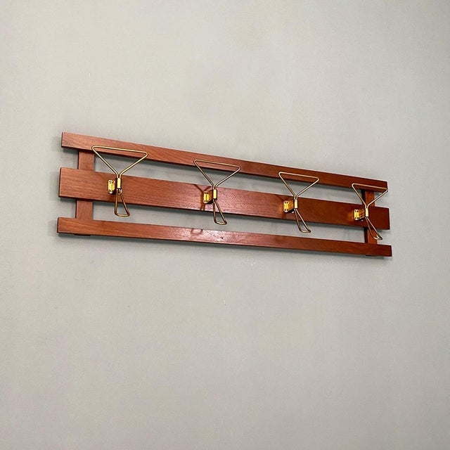 Mid-Century Italian Modern Wood and Brass Wall Coat Hanger, 1960s For Sale - Image 4 of 14
