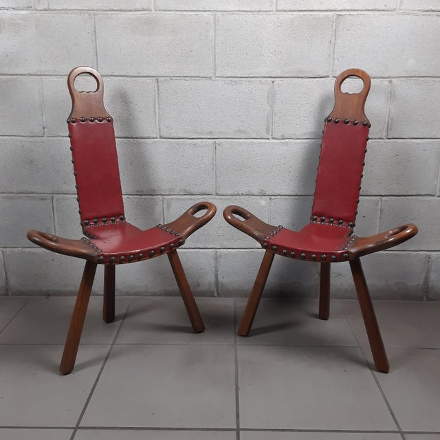 Set of Spanish Brutalist Chair in Wood & Red Leather, 1960s For Sale - Image 18 of 18