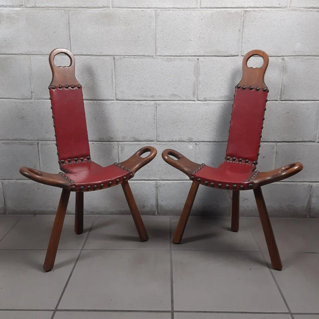 Spanish Brutalist Chair in Wood & Red Leather, 1960s, Set of 2 For Sale - Image 18 of 18