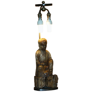 Chinese Carved Rootwood Table Lamp with Statue of Buddha, 1780-1800
