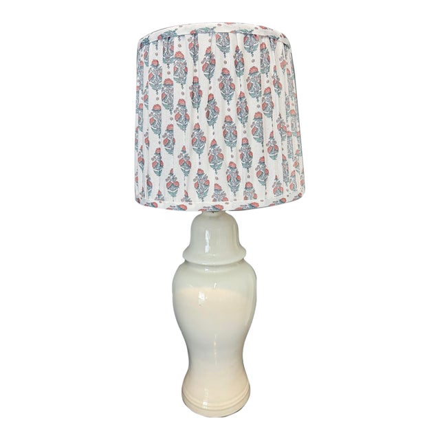 1970s Chinese White Ginger Jar Lamp W/ Buti Handmade Lampshade For Sale