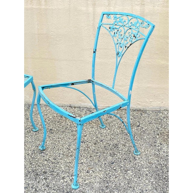 Blue Vintage Woodard Orleans Pattern Wrought Iron Garden Patio Dining Chairs Set of 4 For Sale - Image 8 of 9