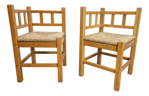 Dutch Modernist Art Deco Style Corner Chair in Oak and Rush, 1950s, Set of 2