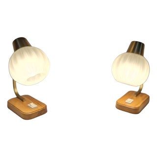 Vintage Bedside Lamps with Spruce Wood Base, Metal Frame and Segmented White Glass Shade, 1980s, Set of 2 For Sale