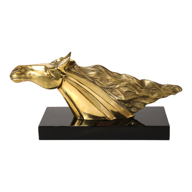 Mid-Century Horse Bust Sculpture W/ Flowing Mane in Polished Brass on Black Base For Sale