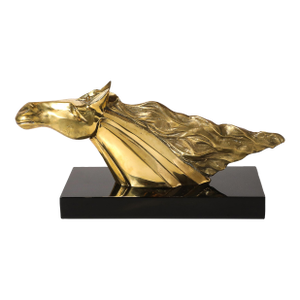 Mid-Century Horse Bust Sculpture W/ Flowing Mane in Polished Brass on Black Base