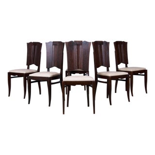 1930s French Art Deco Oak Dining Chairs W/ Cream Leather - Set of 6 For Sale