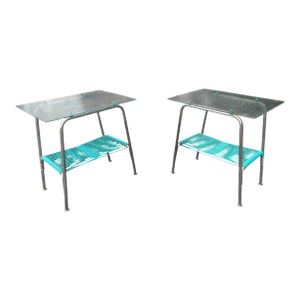 1960s Mid Century Ames Aire Turquoise Vinyl Corded Pebbled Glass Top Patio Table Set of 2