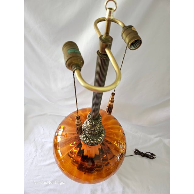 Hollywood Regency Large Amber Hand Blown Amber Glass and Brass 1970s Vintage Ef & Ef Industries Table Lamp For Sale - Image 3 of 12