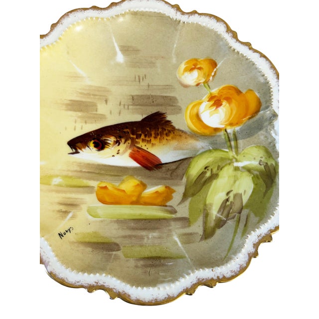Antique French Limoges porcelain hand-painted fish cabinet plate, dating from the late 19th to early 20th century (circa...