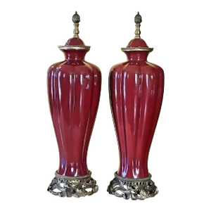 Vintage Sang De Boeuf Vases – Pair of Oxblood Red Ceramic Lamp Bases With Bronze Detailing by Daminic