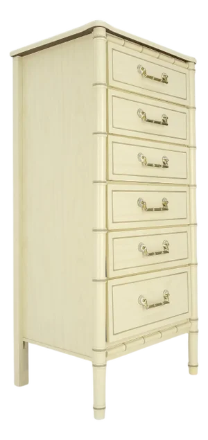 Faux Bamboo Beige White Lacquer 48" Tall 6 Drawer Lingerie Chest Dresser