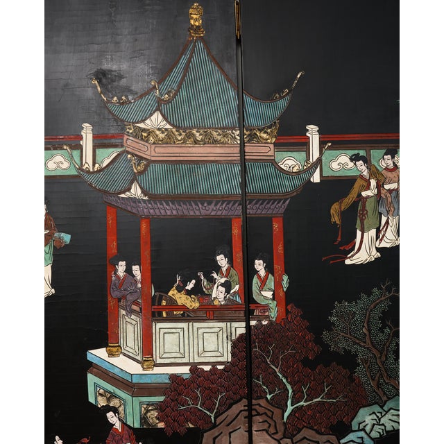 Chinese Export Six Panel Lacquered Coromandel Screen Courtyard For Sale - Image 9 of 18