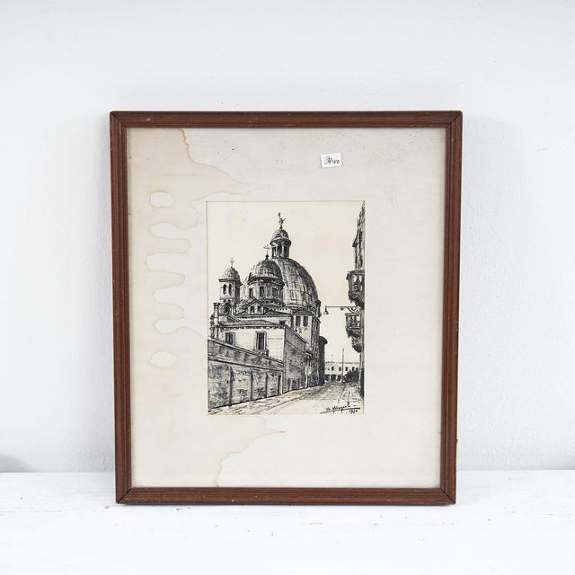 Sandro Varagnolo, Urban View with Basilica, 1970s, Artwork on Paper For Sale - Image 6 of 6