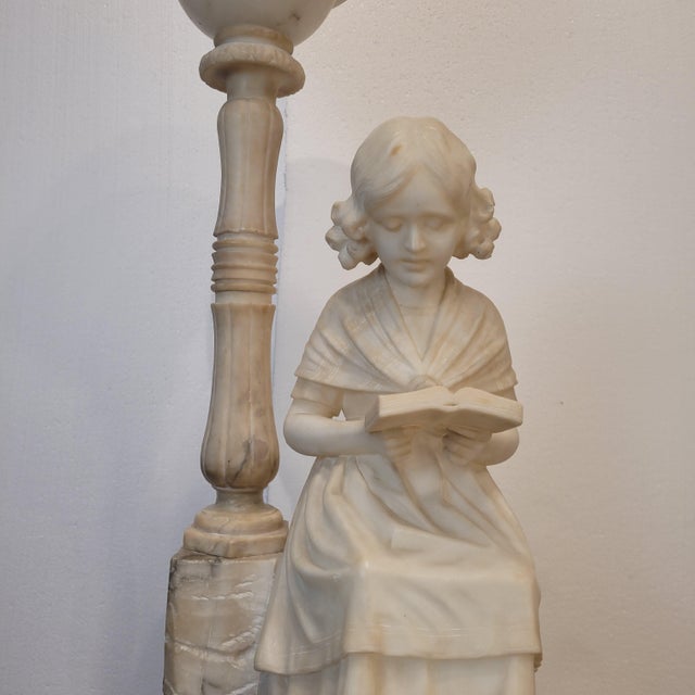 Early 20th Century Art Nouveau Girl Reading Table Lamp in Alabaster, Italy, 1920s For Sale - Image 16 of 18
