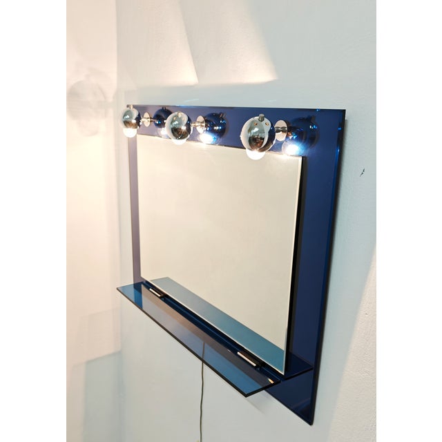 Italian Bathroom Mirror with Blue Ground Glass Shelf and Chromed Steel Diffusers, 1970s For Sale - Image 6 of 14