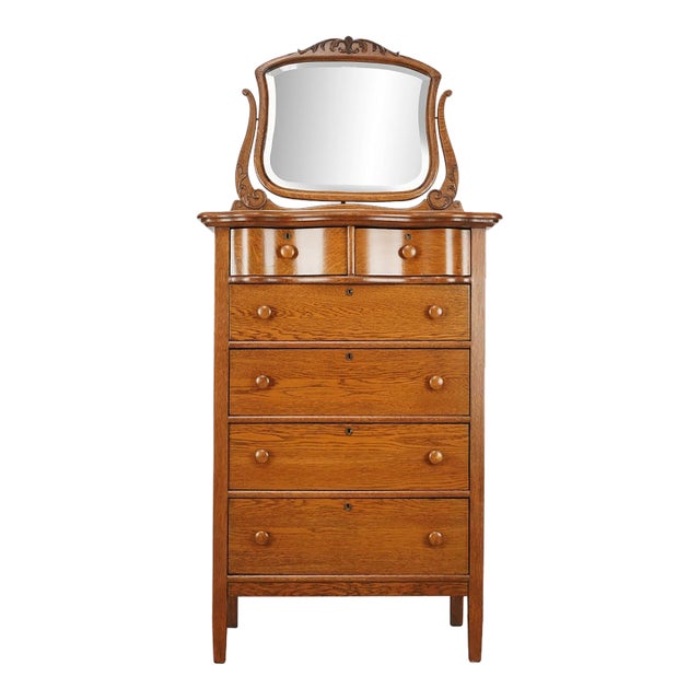 Vintage Traditional Tiger Oak Tall Dresser With Beveled Mirror For Sale