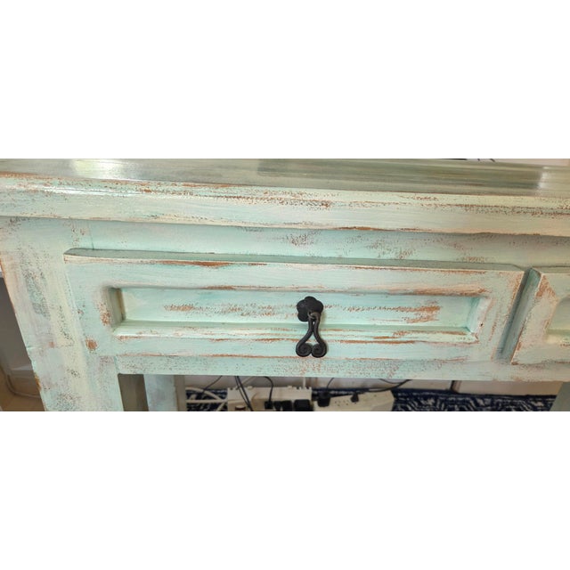 Mexican Mexico Painted Rustic Distressed Light Green Blue Aquamarine Entryway Console Table For Sale - Image 3 of 7