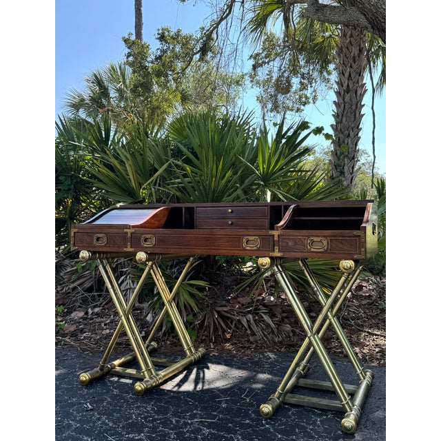 1960s Vintage Drexel Oxford Square Campaign Roll Top Desk by John Van Koert With Gilt X-Base For Sale - Image 5 of 8