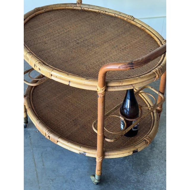 Italian 1960s Italian Bamboo Rattan Bar Cart For Sale - Image 3 of 4