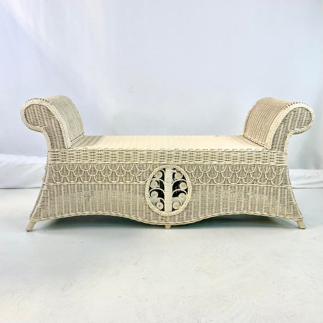 Victorian 1950s Vintage Coastal Boho Chic Victorian Heywood-Wakefield Tree of Life Fiddlehead Bench For Sale - Image 3 of 16