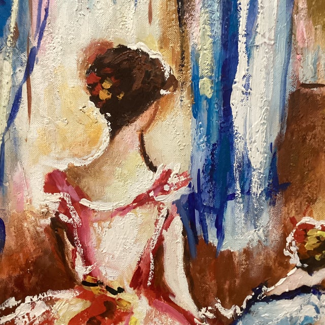 Royal Blue Vintage Impressionistic Rich Colors Ballerinas Oil Painting Signed by Artist For Sale - Image 8 of 12
